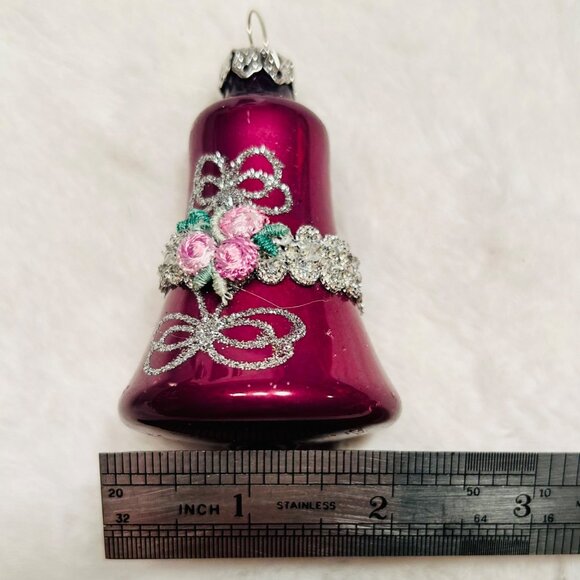 Vintage Glass Bell Christmas Ornaments Set Of 8 With Floral & Bow Design In Pink - Picture 6 of 7